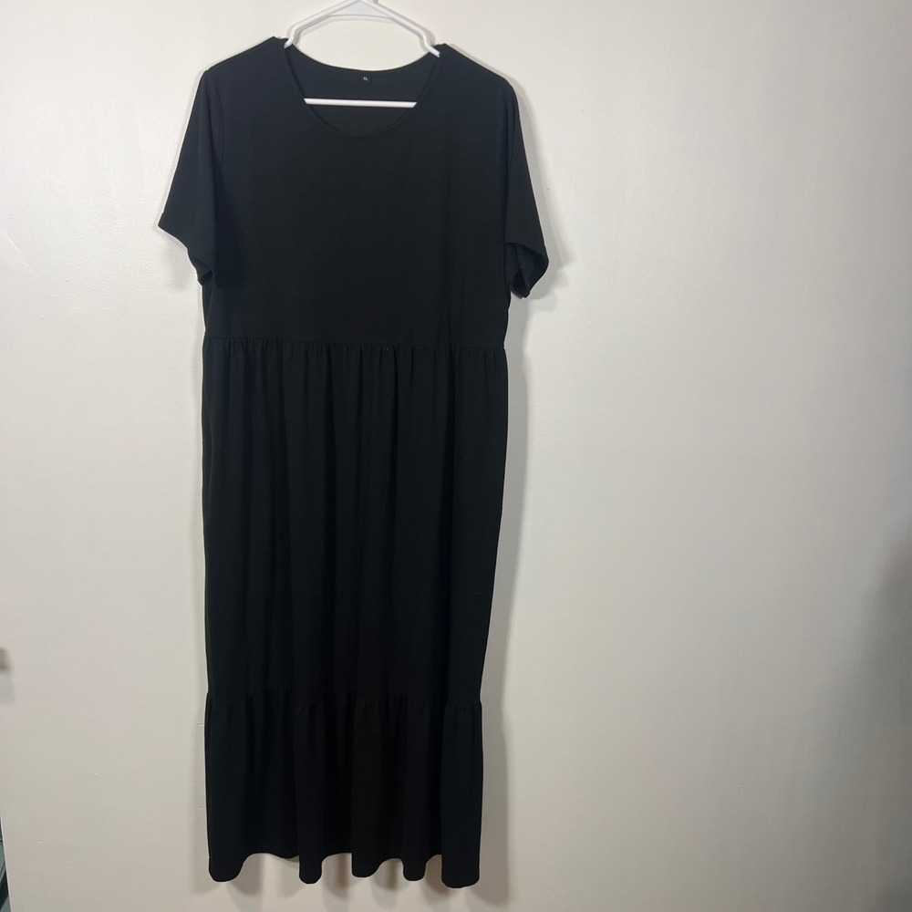 Women Black Tiered Short Sleeve Maxi Dress with Pockets Minimalist XL